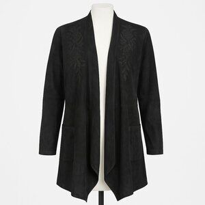 Johnny Was Black Suede Embroidered Duster Cardigan 100% Leather Black